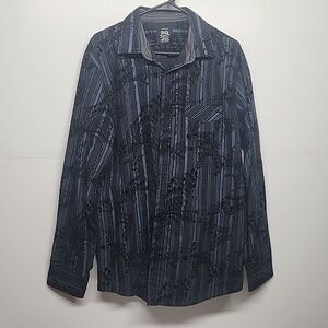 SQ mens sz XL blue w black floral inlay striped button down, long sleeve shirt.